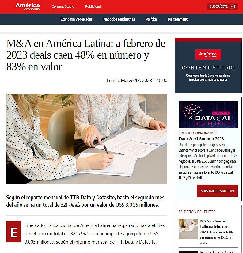 M&A en América Latina: a febrero de 2023 deals caen 48% en número y 83% en valor